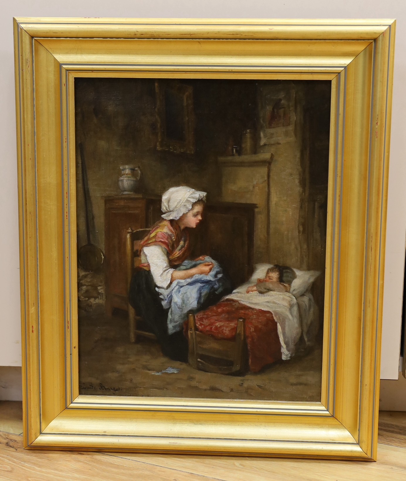 Pauline Eloise Leoni de Bourges (1838-1909), oil on canvas, girl seated beside a sleeping infant, signed, 34 x 26cm